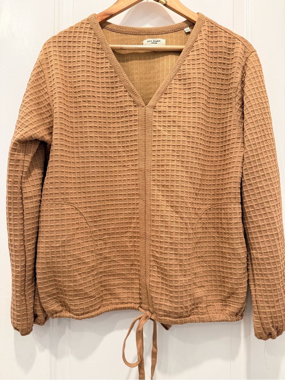 Max Studio Tan Waffle-Knit Utility Pullover with Drawstring Waist